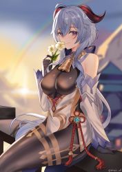 Rule 34 | absurdres, ahoge, artist name, bad id, bad twitter id, bare shoulders, bell, black gloves, black legwear, blue hair, blush, bow, breasts, chinese knot, detached sleeves, flower, flower knot, ganyu (genshin impact), genshin impact, gloves, gold trim, highres, holding, holding flower, horns, large breasts, long hair, looking at viewer, neck bell, outdoors, purple eyes, qingxin flower, rainbow, red rope, rope, shiraki art, sidelocks, sitting, smile, solo, tassel, thighlet, twitter username, very long hair, vision (genshin impact), white flower, white sleeves