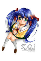 Rule 34 | 00s, blue hair, blush, green eyes, long hair, looking up, nanase rumi, non-web source, one - kagayaku kisetsu e, school uniform, solo, twintails, watsuki ayamo
