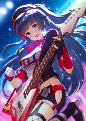 Rule 34 | 1girl, :d, black gloves, black hair, black jacket, black shorts, braid, breasts, cabbie hat, commentary request, cropped jacket, electric guitar, fishnet legwear, fishnets, fukuro daizi, gloves, guitar, hat, highres, hip vent, holding, holding instrument, honkai (series), honkai impact 3rd, instrument, jacket, leg up, long hair, looking at viewer, medium breasts, midriff, open clothes, open jacket, open mouth, partially fingerless gloves, purple eyes, raiden mei, shirt, shoes, short shorts, short sleeves, shorts, smile, solo, two side up, very long hair, white shirt