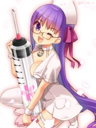 Rule 34 | 10s, 1girl, ;d, alternate costume, bb (bb shot!) (fate), bb (fate), between breasts, black-framed eyewear, blush, breasts, choker, fate/extra, fate/extra ccc, fate (series), glasses, hair ribbon, hat, head tilt, holding, jewelry, koruri, long hair, looking at viewer, medium breasts, nurse, nurse cap, one eye closed, on one knee, open mouth, oversized object, pendant, petals, pink ribbon, purple eyes, purple hair, ribbon, ring, short sleeves, smile, solo, straight hair, syringe, tareme, thigh strap, thighhighs, twitter username, v-shaped eyebrows, very long hair, white choker, white thighhighs, wrist cuffs