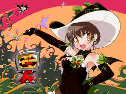 Rule 34 | 1girl, black gloves, brown hair, cat, digitamin, earrings, gloves, hand on own hip, hat, holding, jack-o&#039;-lantern, jewelry, open mouth, orange eyes, outstretched arm, plant, ritsuko (digitamin), short hair, skull and crossbones, skull earrings, solo, suzuki noritaka, vines, wand, witch hat
