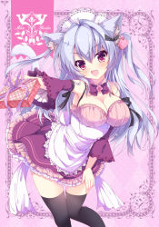 Rule 34 | 1girl, animal ears, bare shoulders, black thighhighs, blue hair, blush, bow, breasts, cat ears, cleavage, detached sleeves, dress, eyebrows, framed, frilled dress, frilled sleeves, frills, gift, hair between eyes, hair intakes, hair ornament, hair ribbon, headdress, heart, heart hair ornament, hinata momo, large breasts, long hair, long sleeves, looking at viewer, maid, open mouth, original, outstretched arm, purple eyes, ribbon, solo, thighhighs, underbust, wide sleeves
