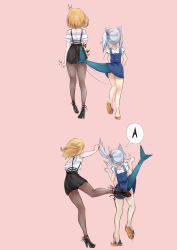 Rule 34 | 2girls, blonde hair, blue hair, blush, brown pantyhose, chisato and takina kicking each other&#039;s butt (meme), fins, fish tail, from behind, gawr gura, highres, hololive, hololive english, kicking, long hair, lycoris recoil, meme, moral-steel, multicolored hair, multiple girls, pantyhose, parody, pink background, school uniform, shark tail, skirt, smile, stand by me, streaked hair, tail, tail slapping, virtual youtuber, watson amelia