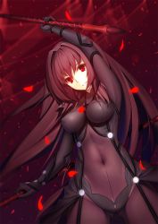 Rule 34 | 1girl, arm up, armor, bodysuit, covered navel, dual wielding, fate/grand order, fate (series), gae bolg (fate), highres, holding, long hair, navel, parted lips, pauldrons, petals, polearm, purple bodysuit, purple hair, red eyes, scathach (fate), scathach (fate), shoulder armor, skin tight, smile, solo, spear, veilrain, weapon