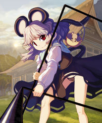 Rule 34 | 1girl, animal ears, basket, black panties, brown dress, cloud, dowsing rod, dress, female focus, forest, highres, jewelry, lightning, mouse (animal), mouse ears, mouse tail, nature, nazrin, outdoors, panties, pendant, plant, red eyes, short hair, silver hair, sky, smile, solo, syope, tail, touhou, underwear, upskirt