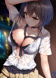 Rule 34 | 1girl, azur lane, baltimore (azur lane), between breasts, blouse, breasts, brown hair, cleavage, embarrassed, highres, necktie, necktie between breasts, partially unbuttoned, see-through, shirt, solo, wet, wet clothes, wsman, yellow eyes