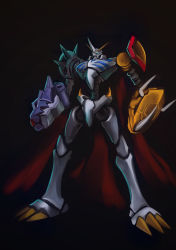 Rule 34 | armor, bandai, cape, digimon, fangs, full armor, horns, male focus, no humans, omegamon, royal knights, simple background, solo, utei so
