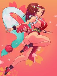 Rule 34 | 1girl, ass, breasts, brown hair, fatal fury, high ponytail, highres, jumping, large breasts, long hair, looking back, pelvic curtain, shiranui mai, sideboob, taobaka, the king of fighters, thong