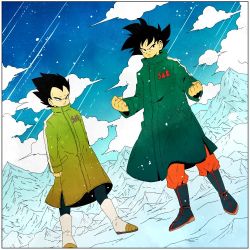 Rule 34 | 10s, 2boys, black hair, blue sky, boots, border, clenched hands, cloud, cloudy sky, coat, commentary, day, dragon ball, dragon ball super, dragon ball super broly, dragonball z, dutch angle, english commentary, fighting stance, frown, full body, looking away, male focus, mountain, multiple boys, outdoors, serious, short hair, sky, snow, son goku, spiked hair, spread legs, standing, symbol-only commentary, toritoki (trig tkdb), vegeta, winter clothes, winter coat