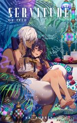 Rule 34 | 2boys, ahoge, anklet, aqua eyes, arabian clothes, arm around neck, armlet, bare shoulders, barefoot, biting, black hair, black sleeves, candelabra, candlestand, chain, commentary, commission, cover, cover page, curtains, dark-skinned male, dark skin, detached sleeves, ear biting, earrings, english commentary, english text, feet, fingernails, flower, frown, hand on another&#039;s arm, hand tattoo, hen-tie, jewelry, lamp, lantern, legs, long hair, long sleeves, looking at another, loose hair strand, male focus, multiple boys, novel cover, open mouth, original, outdoors, palm tree, pants, petals, pillow, puffy pants, purple eyes, red flower, red rose, ripples, rose, short hair, sitting, sitting on lap, sitting on person, sleeves past wrists, smoke, soles, tassel, tassel earrings, tattoo, teeth, tile floor, tiles, toenails, toes, tree, upper teeth only, water drop, white hair, white pants, yaoi