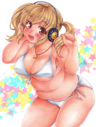 Rule 34 | 1girl, :d, belly, bikini, blonde hair, blush, breasts, brown eyes, cleavage, fat, fat rolls, front-tie bikini top, front-tie top, hand up, headphones, jewelry, kunseitamago, large breasts, long hair, marker (medium), necklace, nitroplus, open mouth, orange eyes, plump, shira (kunseitamago), short twintails, side-tie bikini bottom, smile, solo, star (symbol), star necklace, starry background, string bikini, super pochaco, swimsuit, traditional media, twintails, underboob, white bikini