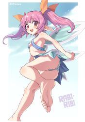 Rule 34 | 1girl, :d, armpits, ass, bare legs, barefoot, bikini, bikini top only, blush, breasts, copyright name, fairy, fairy wings, feet, foot focus, foreshortening, hair ribbon, highres, long hair, looking at viewer, miniskirt, navel, open mouth, oyatsu (mk2), pink eyes, pink hair, pointy ears, rabi-ribi, ribbon, ribbon (rabi-ribi), sidelocks, simple background, skirt, sky, small breasts, smile, soles, solo, stomach, swimsuit, thighs, toenails, toes, twintails, underwear, upskirt, wings