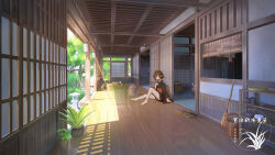 Rule 34 | 1girl, architecture, artist logo, black kimono, broom, brown eyes, brown hair, bucket, day, east asian architecture, highres, japanese clothes, kimono, on ground, original, plant, potted plant, sandals, scenery, short hair, shouji, sitting, sliding doors, solo, tree, wooden floor, xingzhi lv