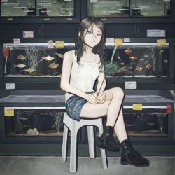 Rule 34 | 1girl, bare shoulders, black footwear, boots, brown eyes, brown hair, closed mouth, denim, denim shorts, fish, fish tank, highres, holding, indoors, long hair, looking at viewer, net, original, own hands together, shirt, shoes, shorts, sitting, sleeveless, solo, stool, tank top, utsuwa0120, white shirt, white tank top