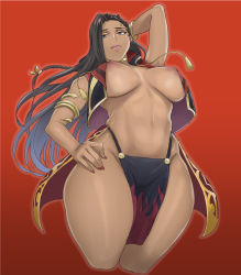 Rule 34 | 1girl, arm behind head, arm up, armlet, bare shoulders, black hair, blue eyes, bracelet, breasts, choker, closed mouth, dark-skinned female, dark skin, fingernails, genderswap, genderswap (mtf), gradient background, guhanshounen, hand on own hip, jamil viper, jewelry, long hair, nail polish, navel, outline, pelvic curtain, pink lips, red background, red nails, solo, tan, tongue, tongue out, twisted wonderland