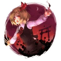Rule 34 | 1girl, blonde hair, crescent moon, darkness, embodiment of scarlet devil, female focus, long sleeves, moon, necktie, open mouth, outstretched arms, red eyes, red necktie, ribbon, rumia, short hair, sky, solo, spread arms, sunakumo, torii, touhou