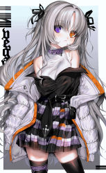 Rule 34 | 1girl, artist name, bad id, bad twitter id, bare shoulders, belt, belt buckle, black belt, black ribbon, black shirt, black thighhighs, blush, breasts, brown eyes, buckle, closed mouth, collar, grey background, grey hair, hair between eyes, hair ribbon, heterochromia, highres, jacket, long hair, looking at viewer, medium breasts, mole, mole under mouth, off shoulder, open clothes, open jacket, original, parted bangs, plaid, plaid skirt, pleated skirt, purple collar, purple eyes, ribbon, shirt, signature, skindentation, skirt, sleeveless, sleeveless shirt, solo, thighhighs, two-tone background, two side up, unxi, very long hair, white background, white jacket, white shirt