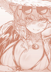 Rule 34 | 1girl, amulet, animal ears, arknights, blush, breasts, brown theme, close-up, closed mouth, collarbone, commentary request, eyewear on head, fang, hair between eyes, hair ornament, hair over shoulder, half-closed eyes, halterneck, hat, huge breasts, looking at viewer, messy hair, short twintails, skin fang, smile, solo, straw hat, swimsuit, twintails, upper body, utage (arknights), utage (summer flowers) (arknights), x hair ornament, yume (i think.)