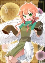Rule 34 | 1girl, absurdres, artist name, cape, detached sleeves, feathered wings, feathers, green eyes, harikochokan, harpy, harpy (maou-jou de oyasumi), head wings, highres, looking at viewer, maou-jou de oyasumi, monster girl, open mouth, pink hair, short hair, sleeves past fingers, sleeves past wrists, smile, solo, wings