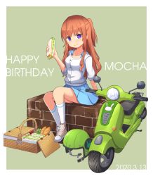 Rule 34 | 1girl, 2020, blouse, blue skirt, border, bread, character name, closed eyes, closed mouth, collarbone, dated, food, fruit, full body, gochuumon wa usagi desu ka?, grapes, green background, green headwear, happy birthday, helmet, high tops, highres, holding, holding food, hoto mocha, loaf of bread, looking at viewer, miniskirt, mohei, motor vehicle, motorcycle helmet, outside border, picnic basket, pleated skirt, purple eyes, running bond, sandwich, scooter, shirt, shoes, simple background, sitting, skirt, sneakers, socks, solo, unworn headwear, unworn helmet, white border, white shirt, white socks