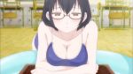 Rule 34 | 1girl, animated, asobi asobase, black hair, blush, breasts, cleavage, glasses, highres, large breasts, looking at viewer, nomura kasumi, school swimsuit, short hair, solo, swimsuit, video, video
