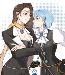 Rule 34 | 2girls, absurdres, ace attorney, ascot, black dress, black gloves, black vest, blue brooch, blue eyes, blue gemstone, blue hair, bow, bowtie, breasts, brooch, brown eyes, brown hair, buttons, cleavage, closed mouth, crossed arms, daqingqingqingqingqing, diamond button, dress, earrings, eye contact, franziska von karma, gem, gloves, highres, holding, holding whip, jewelry, juliet sleeves, lapel pin, lapels, long hair, long sleeves, looking at another, magatama, magatama necklace, mia fey, mole, mole under eye, mole under mouth, multiple girls, necklace, pearl earrings, puffy sleeves, scarf, short hair, smile, turtleneck, upper body, very long hair, vest, white ascot, white bow, white bowtie, yellow scarf