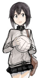 Rule 34 | 10s, 1girl, :d, artist name, ball, black skirt, brown eyes, brown hair, ergot, hayasui (kancolle), holding, holding ball, jacket, kantai collection, long sleeves, looking at viewer, miniskirt, open mouth, short hair, simple background, skirt, smile, solo, teeth, thigh gap, track jacket, volleyball (object), white background, zipper