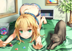 Rule 34 | 1girl, ahoge, all fours, animal, artoria pendragon (all), artoria pendragon (fate), barefoot, bed sheet, black cat, blonde hair, blurry, candy, cat, cat day, cat stretch, commentary request, fate/stay night, fate (series), food, green eyes, hellnyaa, highres, konpeitou, revision, saber (fate), short hair, smile, solo, stretching, symmetrical pose