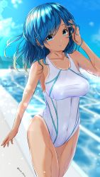 1girl aigami_shion bare_arms blue_eyes blue_hair blue_sky blurry blurry_background breasts closed_mouth collarbone commentary_request competition_swimsuit covered_navel day earrings garter-velvet hand_in_own_hair highres jewelry large_breasts lens_flare long_hair looking_at_viewer one-piece_swimsuit original outdoors pleated_skirt pool poolside skirt sky smile swimsuit tan tanline twitter_username wet wet_clothes wet_swimsuit white_one-piece_swimsuit