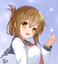 Rule 34 | 1girl, artist logo, black sailor collar, brown hair, commentary request, dated, folded ponytail, grey background, highres, inazuma (kancolle), kantai collection, long hair, long sleeves, looking at viewer, mashiro yukiya, neckerchief, one-hour drawing challenge, open mouth, red neckerchief, sailor collar, school uniform, serafuku, smile, snow, solo, upper body
