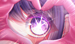 Rule 34 | 1girl, blurry, chromatic aberration, close-up, commentary request, depth of field, eye focus, eyelashes, gloves, hair between eyes, heart, heart hands, highres, hoshino ai (oshi no ko), light particles, looking at viewer, oshi no ko, partial commentary, pink gloves, purple eyes, purple hair, roco (roco 1170), shadow, sidelocks, solo, star-shaped pupils, star (symbol), symbol-shaped pupils