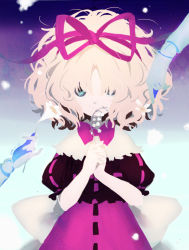 Rule 34 | 1girl, back bow, big hair, black shirt, blonde hair, blouse, blue background, blue eyes, blurry, bow, bowtie, capelet, chabi (amedama), closed mouth, dated, depth of field, doll joints, film grain, flower, frilled capelet, frilled sleeves, frills, gradient background, hair ribbon, hands up, holding, holding flower, joints, large bow, lily (flower), lily of the valley, looking at viewer, medicine melancholy, messy hair, muted color, no lineart, own hands clasped, own hands together, pink bow, pink bowtie, pink ribbon, pink skirt, puffy short sleeves, puffy sleeves, ribbon, ribbon-trimmed clothes, ribbon-trimmed skirt, ribbon trim, shirt, short hair, short sleeves, skirt, solo, standing, straight-on, touhou, upper body, wavy hair, white bow, white capelet, white flower