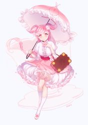Rule 34 | 1girl, bad id, bad twitter id, bag, bow, cherry blossom cookie, cherry blossoms, cookie run, flower, gloves, hair flower, hair ornament, handbag, highres, long hair, looking at viewer, mery (yangmalgage), parasol, petals, pink eyes, pink hair, pink skirt, pink theme, puffy sleeves, skirt, smile, solo, twintails, two side up, umbrella, v, white legwear