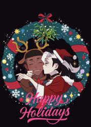 Rule 34 | 2boys, antlers, black hair, blush, closed eyes, commentary, creatures (company), earrings, eyelashes, eyeshadow, game freak, gen 2 pokemon, hairband, hands up, happy holidays, hat, highres, horns, jewelry, kiss, makeup, male focus, multicolored hair, multiple boys, nintendo, parted lips, piers (pokemon), pokemon, pokemon (creature), pokemon swsh, raihan (pokemon), red headwear, santa hat, smile, stantler, two-tone hair, undercut, white hair, wreath, yaoi, zigzagdb