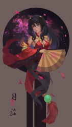 Rule 34 | 1girl, absurdres, armpits, black hair, blue eyes, breasts, brown background, cherry blossoms, cleavage, cleavage cutout, clothing cutout, dark, detached collar, detached sleeves, dress, hand fan, folding fan, hair between eyes, highres, holding, long hair, original, paper fan, petals, red dress, shoulder pads, simple background, solo, upper body, wide sleeves, x.four