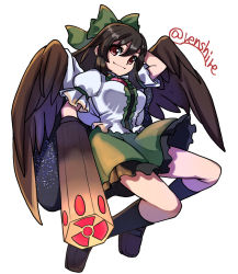 Rule 34 | 1girl, arm behind head, arm cannon, bird wings, black legwear, black wings, blouse, bow, brown eyes, closed mouth, full body, green bow, green skirt, hair bow, highres, looking at viewer, one-hour drawing challenge, radiation symbol, red eyes, reiuji utsuho, renshirenji, shirt, simple background, skirt, smile, solo, starry sky print, touhou, twitter username, weapon, white background, white shirt, wings