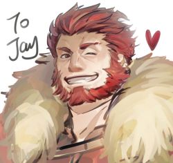 Rule 34 | 1boy, armor, bad id, bad twitter id, beard, breastplate, cape, cleavage cutout, clothing cutout, facial hair, fate/grand order, fate/zero, fate (series), fur-trimmed cape, fur trim, iskandar (fate), leather, looking at viewer, male focus, portrait, red eyes, red hair, sdz (inazuma), simple background, sketch, solo, white background