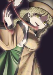 Rule 34 | 1girl, black background, blouse, breasts, brown hair, brown hat, cape, constellation, constellation print, detached sleeves, drum, eyes visible through hair, green skirt, grey hat, hand up, hat, highres, instrument, light, light brown hair, long hair, long sleeves, looking at viewer, matara okina, medium breasts, open mouth, orange cape, parted bangs, shaded face, shirt, simple background, skirt, smile, solo, standing, tongue, touhou, tsuzumi, user zkpw2474, white shirt, wide sleeves, yellow eyes