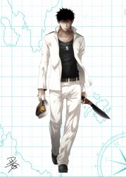 Rule 34 | 10s, 1boy, belt, belt buckle, black eyes, black footwear, black hair, black shirt, buckle, cigarette, collarbone, compass, dagger, dog tags, full body, hat, unworn hat, unworn headwear, holding, holding clothes, holding hat, holding weapon, jacket, jewelry, kamio reiji (yua), kantai collection, knife, long sleeves, looking at viewer, male focus, map, mouth hold, necklace, open clothes, open jacket, pants, pendant, shaded face, shirt, shoes, solo, spiked hair, walking, weapon, white jacket, white pants, yua (checkmate)