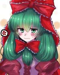 1girl absurdres anger_vein blush bow frilled_ribbon frills front_ponytail green_eyes green_hair highres kagiyama_hina kashiwara_mana looking_at_viewer puffy_sleeves red_bow red_ribbon ribbon solo sweat touhou