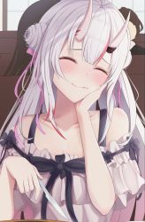 Rule 34 | 1girl, alternate costume, black bow, blush, bow, closed eyes, closed mouth, collarbone, commentary, double bun, dress, eating, fang, food, food on face, gradient hair, grey dress, hair bun, hair ribbon, hand on own cheek, hand on own face, head tilt, highres, holding, holding knife, hololive, horns, inaka 44, knife, long hair, multicolored hair, nakiri ayame, off-shoulder dress, off shoulder, pink ribbon, red hair, ribbon, silver hair, skin-covered horns, smile, solo, streaked hair, two-tone hair, upper body, virtual youtuber