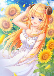Rule 34 | 1girl, :d, absurdres, animal ears, arm up, bare arms, bare shoulders, blonde hair, blue eyes, blurry, blurry background, blush, braid, breasts, cleavage, collarbone, curled horns, day, depth of field, dress, flower, frilled dress, frills, hair ornament, hairclip, highres, hololive, horns, long hair, medium breasts, nezumi (09261377), open mouth, outdoors, petals, sheep ears, sheep girl, sheep horns, sleeveless, sleeveless dress, smile, solo, sundress, sunflower, tsunomaki watame, very long hair, virtual youtuber, white dress