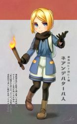 Rule 34 | 10s, 1girl, backpack, bag, black gloves, black pantyhose, black scarf, blonde hair, blue coat, blue eyes, blue shirt, boots, brown footwear, coat, commentary request, fire, full body, fur-trimmed sleeves, fur trim, gloves, hand up, highres, kemono friends, long sleeves, looking at viewer, original, pantyhose, scarf, shirt, short hair, shorts, signature, simple background, smile, solo, torch, translation request, welt (kinsei koutenkyoku)