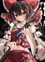 Rule 34 | 1girl, puff of air, absurdres, anger vein, ascot, black background, bow, breasts, brown hair, commentary, detached sleeves, frilled bow, frilled hair tubes, frills, gohei, hair bow, hair tubes, hakurei reimu, highres, holding, holding gohei, japanese clothes, looking at viewer, medium breasts, medium hair, midriff, miko, navel, nontraditional miko, ougiikun, paw print, red bow, red skirt, ribbon-trimmed sleeves, ribbon trim, skirt, solo, touhou, wide sleeves