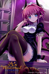 Rule 34 | 1girl, a&#039;s wonderland, arm support, black thighhighs, blue eyes, blush, breasts, copyright name, crossed legs, demon girl, ear piercing, givuchoko, hair ornament, highres, horns, looking at viewer, maid, night, night sky, piercing, pink hair, pointy ears, purple skirt, sitting, skirt, sky, solo, tail, thick thighs, thighhighs, thighs, wide hips, windowsill, wings, wrist cuffs