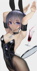 Rule 34 | 1girl, animal ears, arms up, black leotard, breasts, collar, commentary request, covered navel, cup, drinking glass, fake animal ears, fake tail, grey background, highres, id card, leotard, looking at viewer, nyatabe, original, pantyhose, playboy bunny, purple eyes, purple hair, rabbit ears, rabbit tail, short hair, simple background, small breasts, solo, strapless, strapless leotard, tail, tray