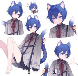 Rule 34 | 1boy, 25-ji kaito, androgynous, animal ear fluff, animal ears, bare legs, barefoot, bell, blue hair, blush, cat ears, cat tail, chibi, chibi inset, closed eyes, collared shirt, commentary, cropped torso, expressionless, eyelashes, foot out of frame, grey shirt, grey shorts, hand up, kaito (vocaloid), knees up, legs, looking at viewer, male focus, mogu (wy5xrt7w), multiple views, neck ribbon, project sekai, red ribbon, ribbon, shirt, short shorts, shorts, sidelocks, sleeves past wrists, sweatdrop, tail, tail bell, tail ornament, toes, upper body, v-shaped eyebrows, vocaloid