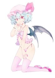 Rule 34 | 1girl, absurdres, babydoll, bat wings, boots, closed mouth, commentary request, fang, fang out, full body, hat, hat ribbon, high heel boots, high heels, highres, kyogoku-uru, looking at viewer, mob cap, nail polish, navel, panties, pink eyes, pink footwear, pink nails, pink panties, pink thighhighs, pointy ears, remilia scarlet, ribbon, shoes, side-tie panties, silver hair, simple background, smile, solo, thighhighs, touhou, underwear, underwear only, white background, wings
