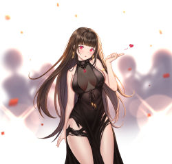 Rule 34 | 1girl, :o, arm ribbon, armlet, bare shoulders, black dress, blunt bangs, blurry, blurry background, blush, breasts, brown hair, cleavage, closed mouth, confetti, cowboy shot, cup, dress, dsr-50 (girls&#039; frontline), dsr-50 (highest bid) (girls&#039; frontline), earrings, floating hair, girls&#039; frontline, gold, hand up, head tilt, highres, holding, jewelry, large breasts, light particles, long hair, looking at viewer, no bra, official alternate costume, red eyes, ribbon, ring, sidelocks, sitting, siun, skindentation, smile, solo, thighs