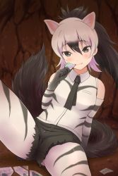 Rule 34 | 1girl, aardwolf (kemono friends), aardwolf print, animal ears, animal print, arm behind back, arm support, bare shoulders, black eyes, black hair, black necktie, black shorts, blush, breast pocket, closed mouth, commentary request, cutoffs, elbow gloves, extra ears, gloves, gluteal fold, hair between eyes, hand to own mouth, hand up, head tilt, high ponytail, holding, holding paper, indoors, kemono friends, knee up, leaning back, long hair, looking at viewer, multicolored hair, necktie, on ground, pantyhose, pantyhose under shorts, paper, picolette xiii, pocket, ponytail, print gloves, print pantyhose, print shirt, purple hair, shirt, shorts, sidelocks, signature, sitting, sleeveless, sleeveless shirt, smile, solo, spread legs, tail, tsurime, two-tone hair, upshorts